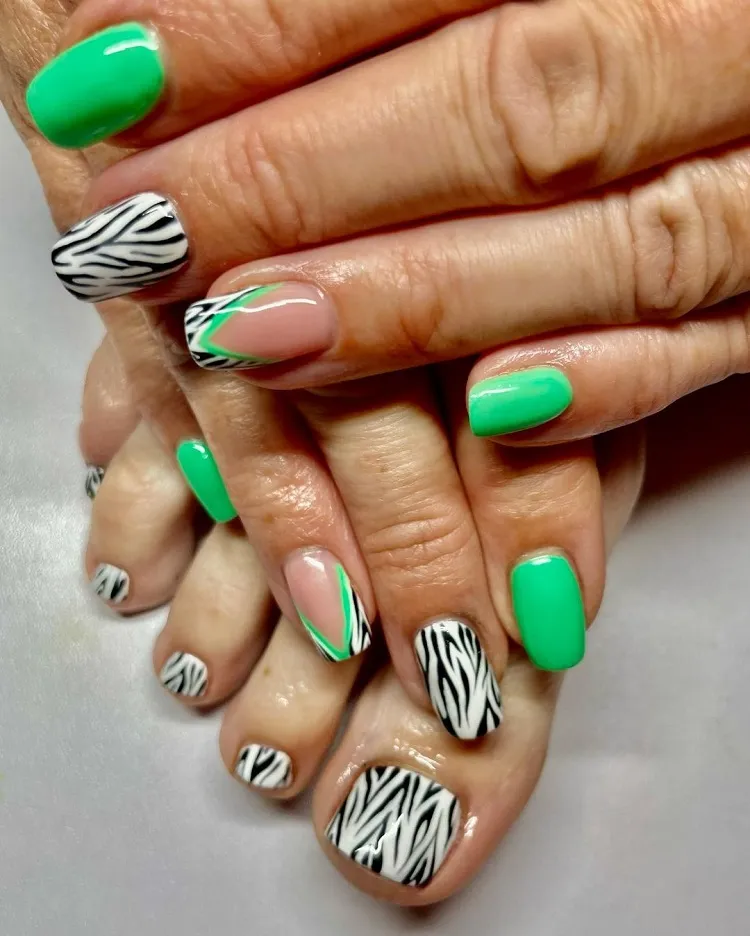 zebra animal print neon green french nails matching manicure pedicure