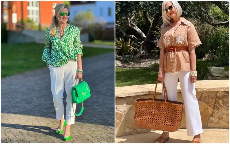 2023 summer holiday outfits for women over 60 white pants and printed shirts