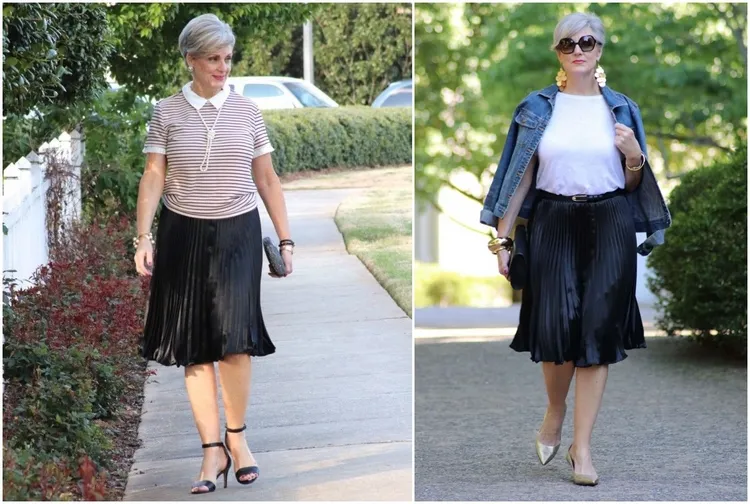 a black midi skirt is universal and can be styled in different ways