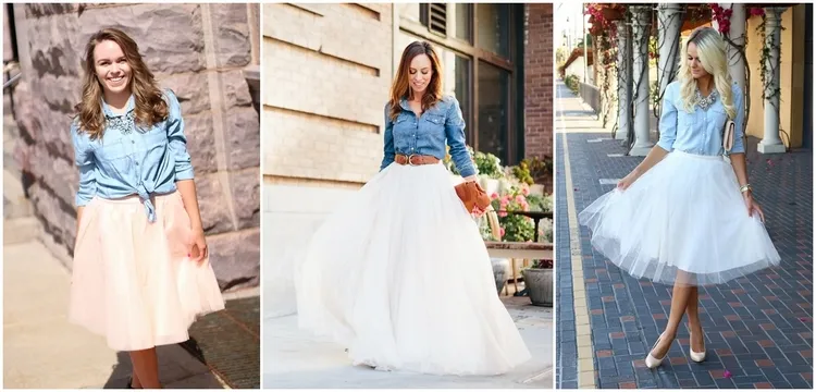 denim shirt and tulle skirt outfit street style fashion ideas
