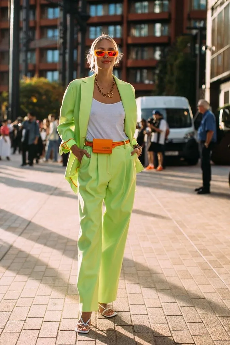 dopamine fashion trend green pants suid and orange bag