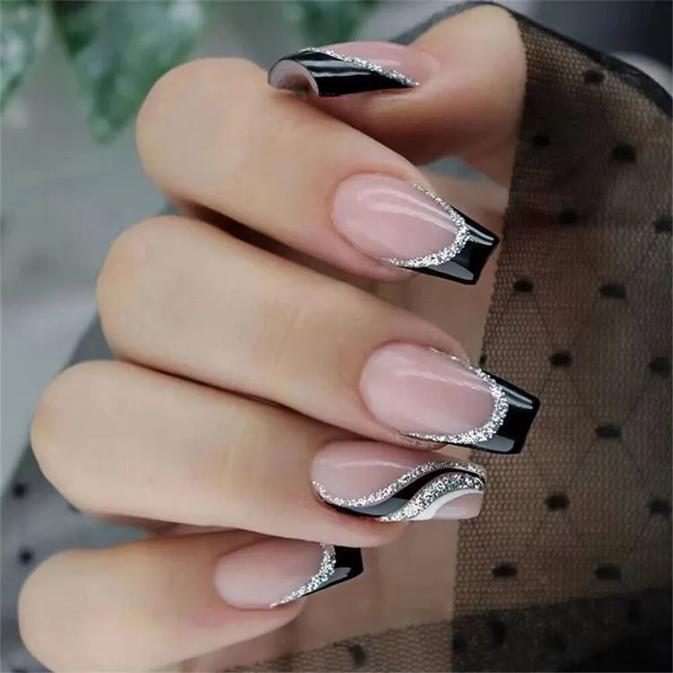 glitter french tip nails coffin shape nails