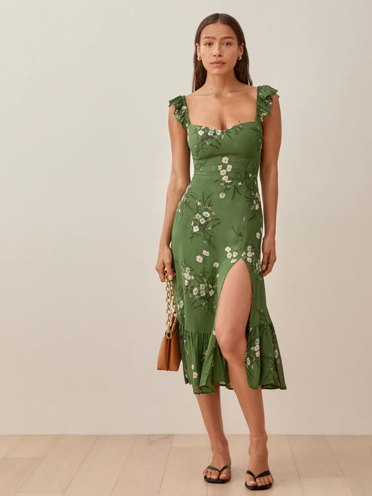 gorgeous midi dress in green high slit