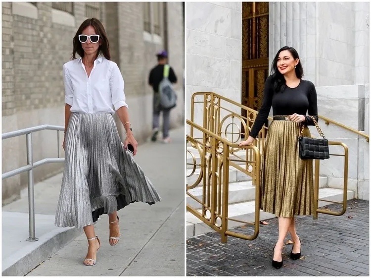 metallic skirts are trendy and can be styled in formal or casual chic outfits