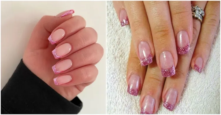pink glitter french nail tips