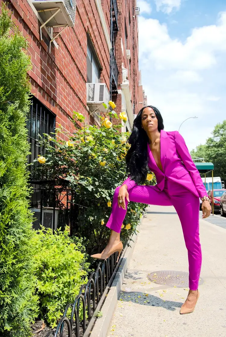 purple pants suit and nude high heel shoes how to dress for happiness