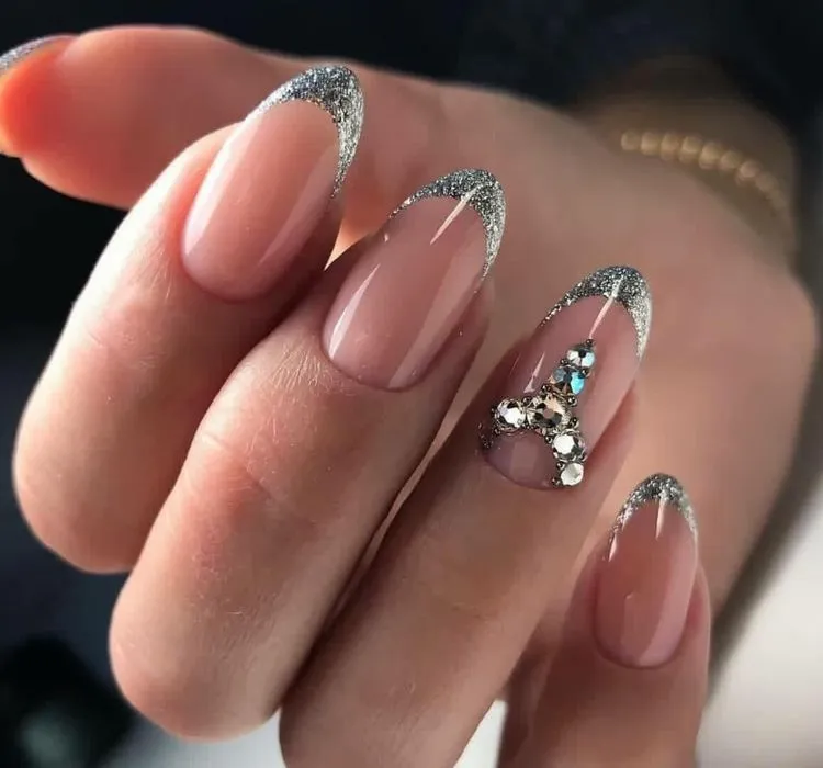 silver glitter french tip nails