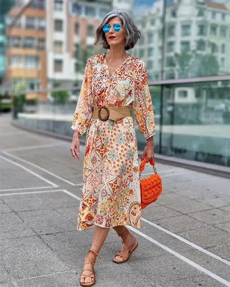 summer fashion trends for ladies over 60 printed dress and sandals