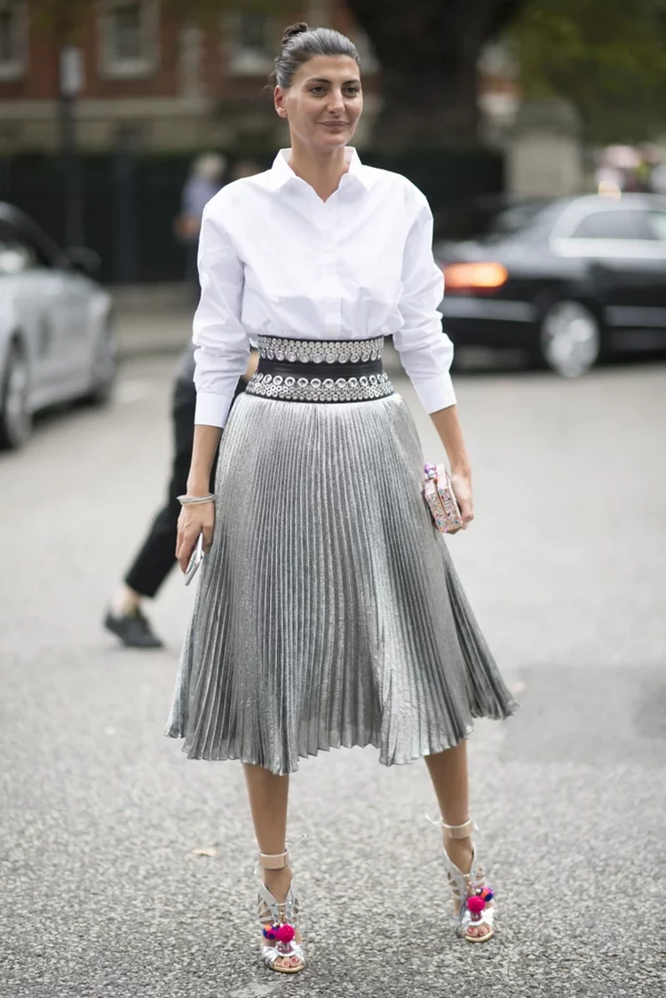 the full tuck white shirt pleated midi skirt