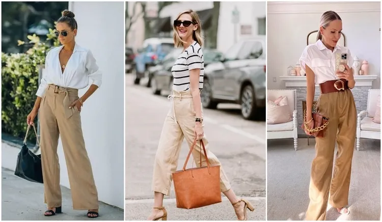 trendy beige linen pants outfits for work