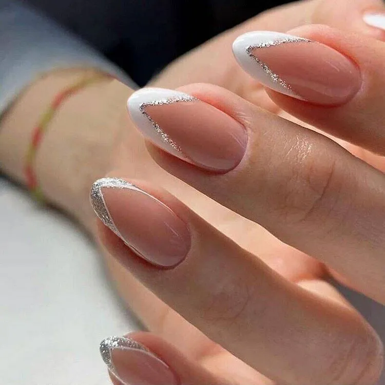 white and silver glitter french tip nails