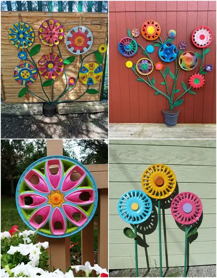 yard art ideas hubcap flowers
