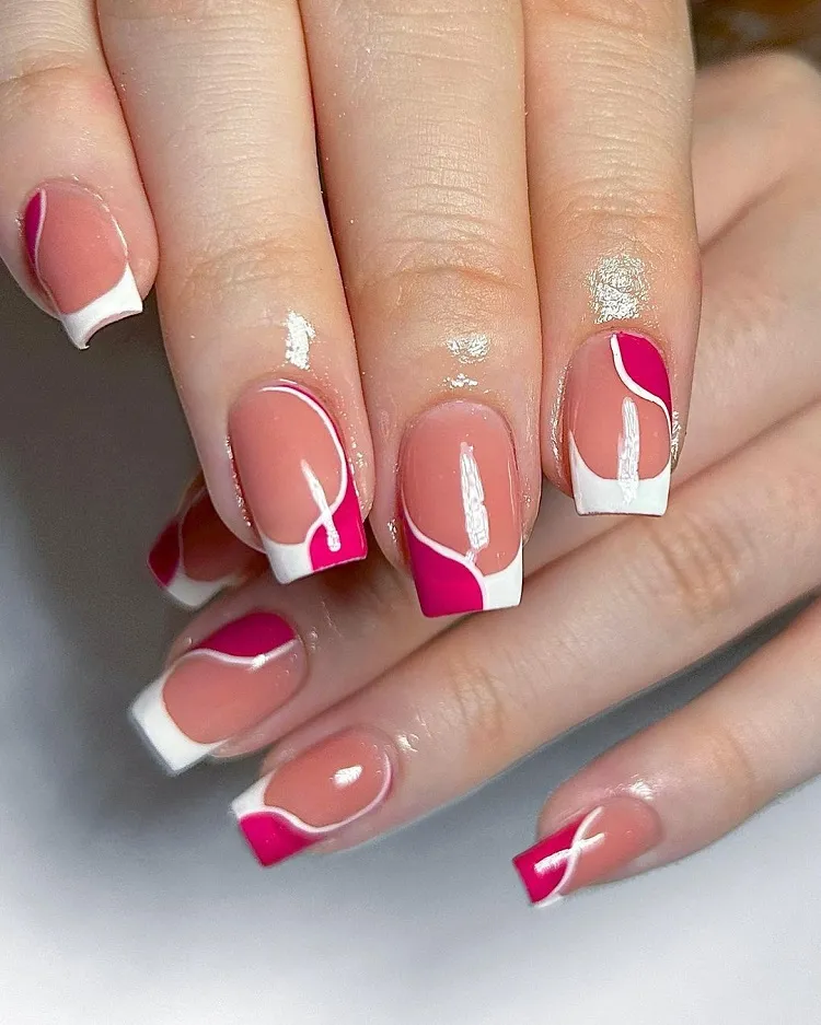 abstract pink white french tip summer manicure square nails design inspo 2023