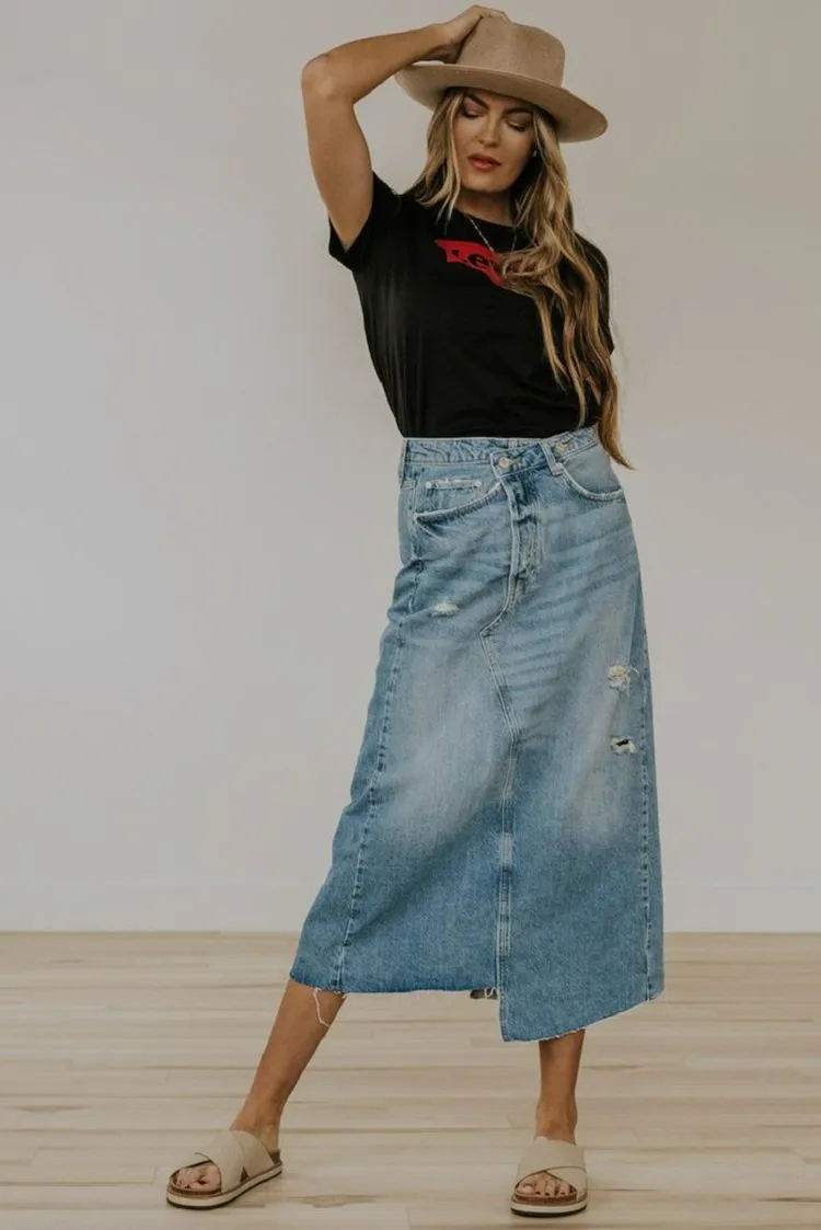 asymmetrical long denim skirt petite women 90s fashion style spring summer trends 2023 (1)