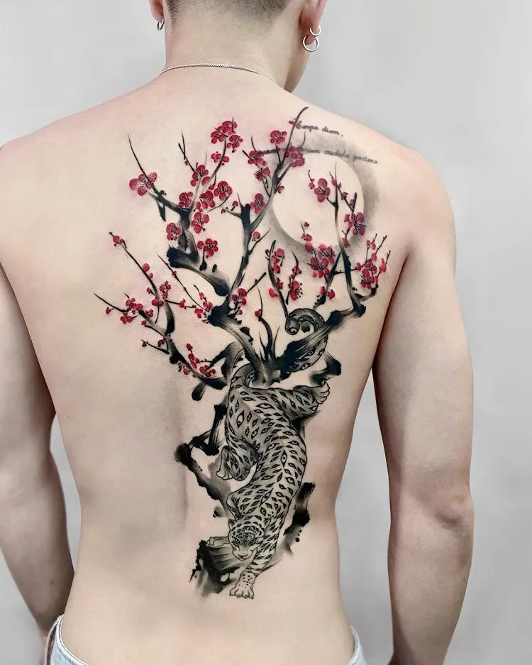back piece tiger cherry blossom tattoo black gray red brush stroke design