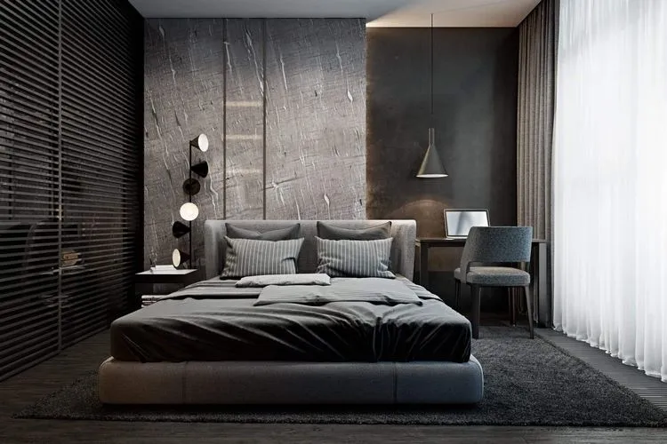 black color bedroom interior with asymetrical composition