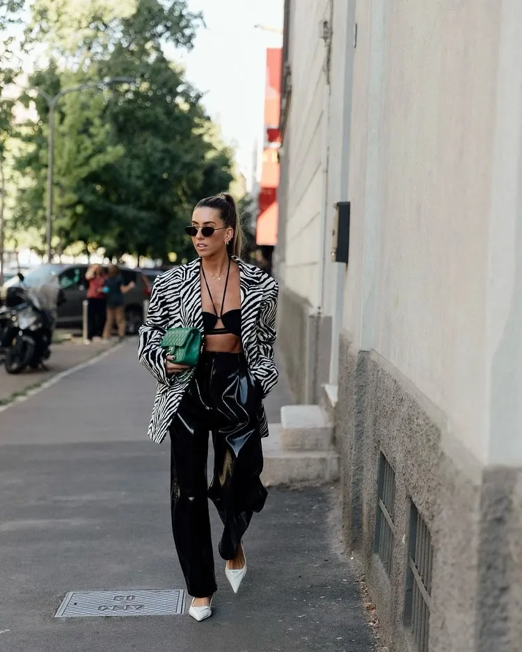 black lingerie bra zebra print oversized blazer high waisted vinyl pants pointed white high heel shoes street style inspo