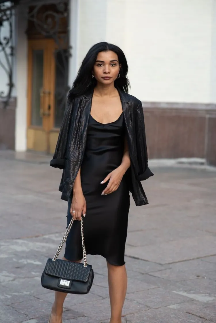 black silk slip dress sequin blazer elegant chic daytime outfit