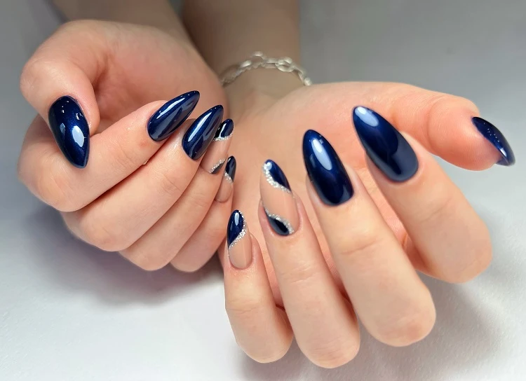 blue chrome nails almond shape