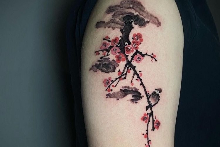bonsai tree swallow cherry blossom tattoo simple colorful design idea