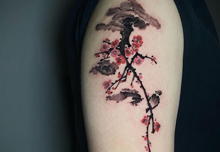 bonsai tree swallow cherry blossom tattoo simple colorful design idea