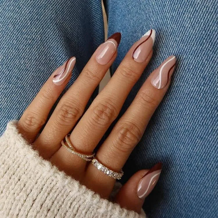 brown abstrach french nails