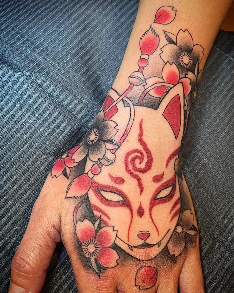 cherry blossom hand tattoo japanese mask traditional style