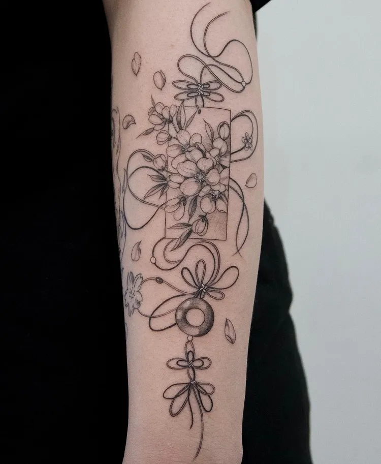 cherry blossom japanese charm tattoo fine line minimalist black and gray