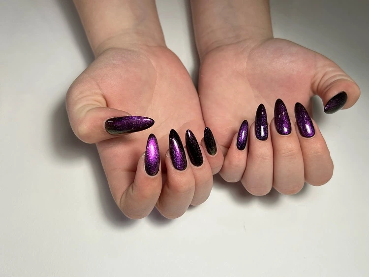 chrome almond nails lavender color and black long manicure