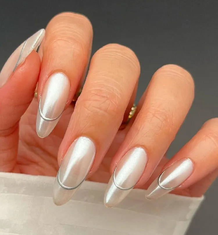 chrome french tip nails almond