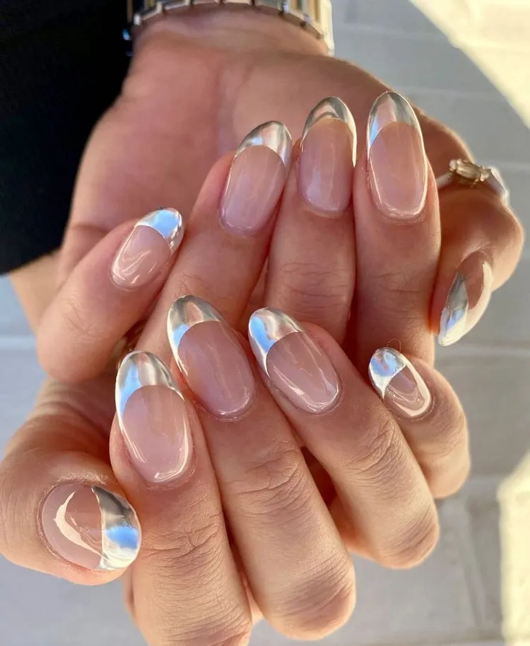 chrome french tip nails silver