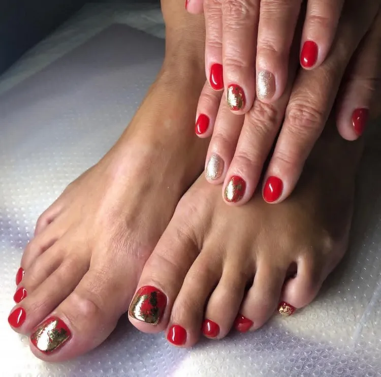 classic red and gold decoration manicure and pedicure ideas for women over 50