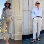 coastal grandma style aesthetic crisp white shirt beige straight pants trend 2023