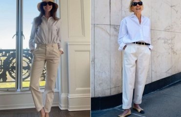 coastal grandma style aesthetic crisp white shirt beige straight pants trend 2023