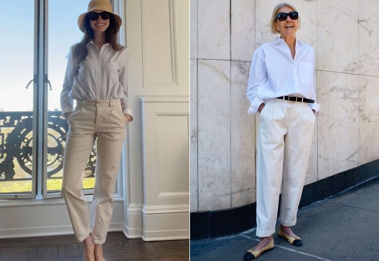 coastal grandma style aesthetic crisp white shirt beige straight pants trend 2023