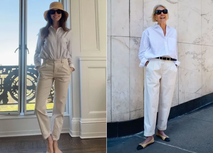coastal grandma style aesthetic crisp white shirt beige straight pants trend 2023