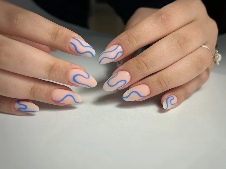 cobalt blue summer nail designs swirl manicure almond shape