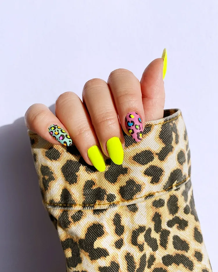 colorful leopard animal pattern neon nails summer 2023 manicure ideas