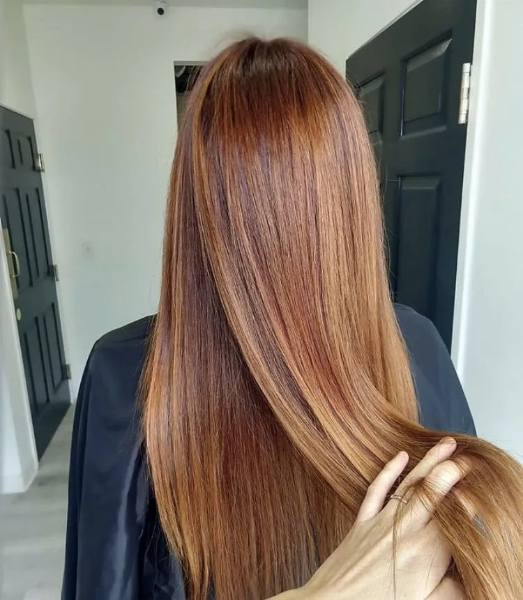 copper balayage on brown hair straight