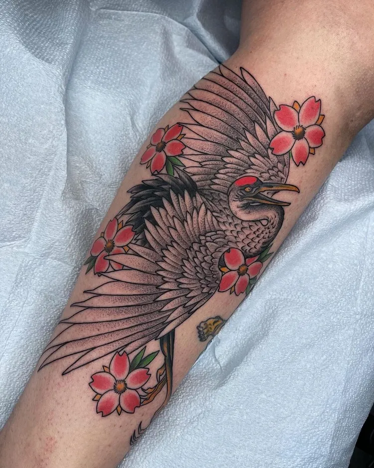 crane cherry blossom tattoo neo traditional style design