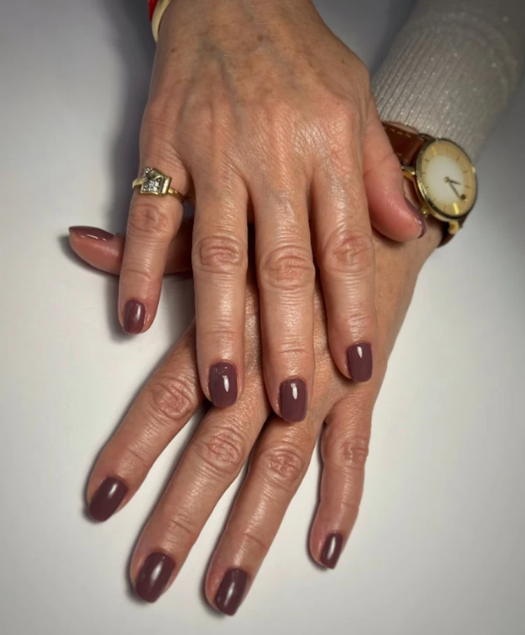 dark brown color squoval shape short nails mature women over 50 manicure ideas