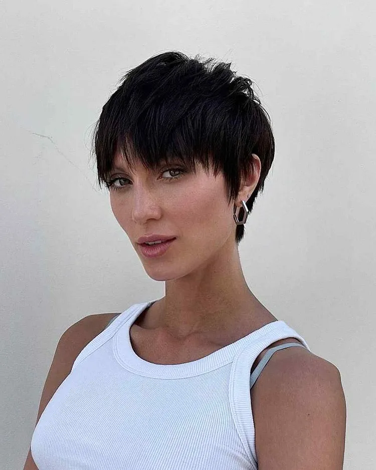 dark brown textured french pixie face framing layered hairdo