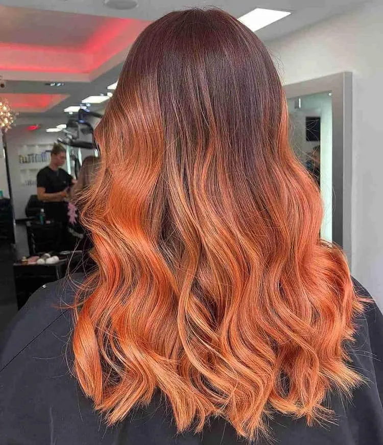 dark copper peach balayage colour melt hair
