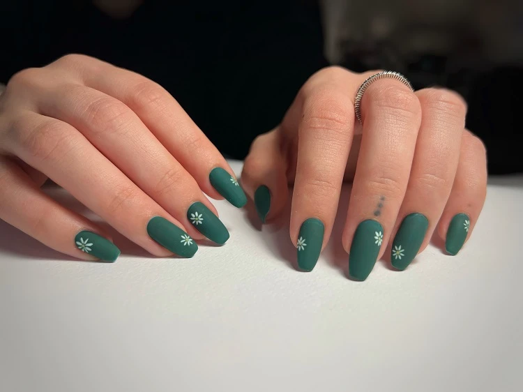 dark green nails forest coffin shape with flower decoration
