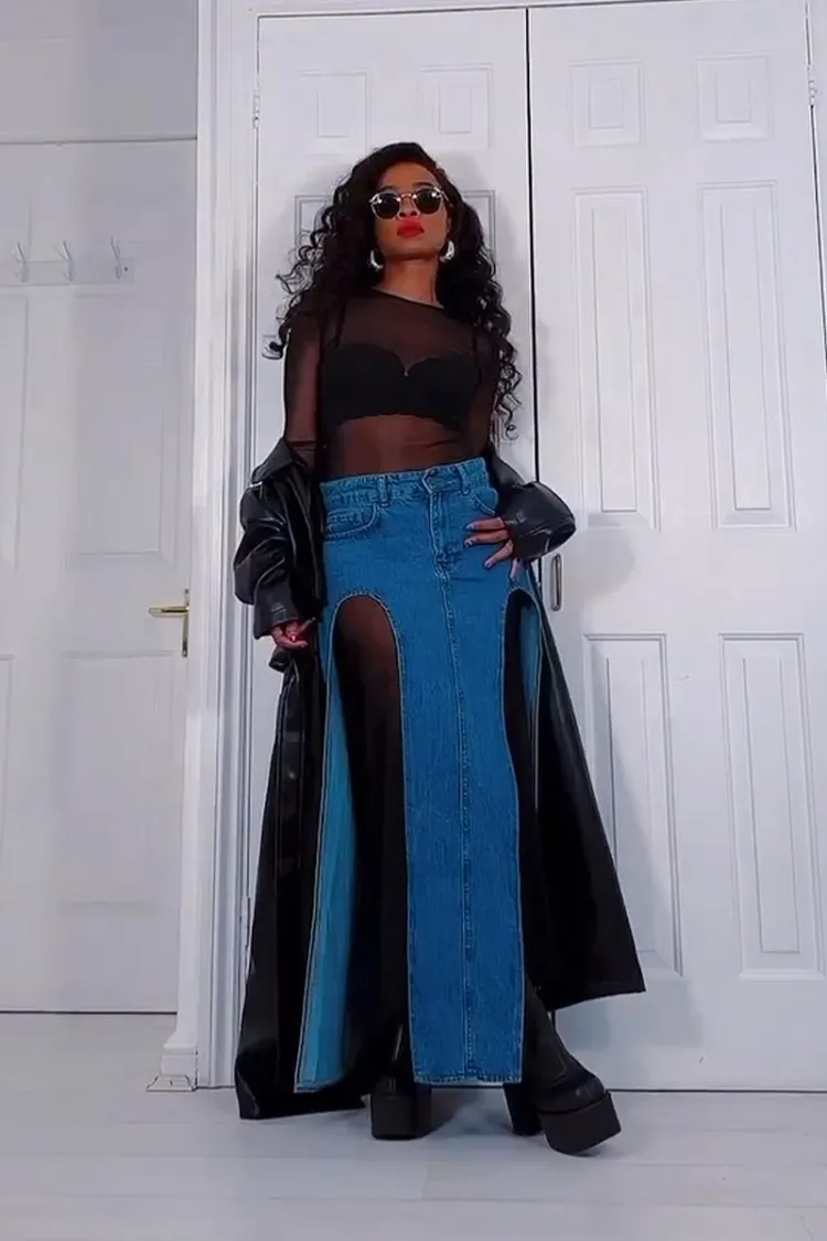 deep side slits long denim skirt petite women edgy styling look 90s spring summer fashion trends 2023