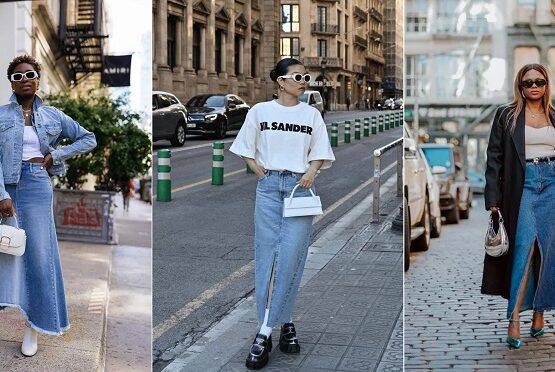 denim maxi skirt petite women styling tips spring summer 2023 90s fashion trend
