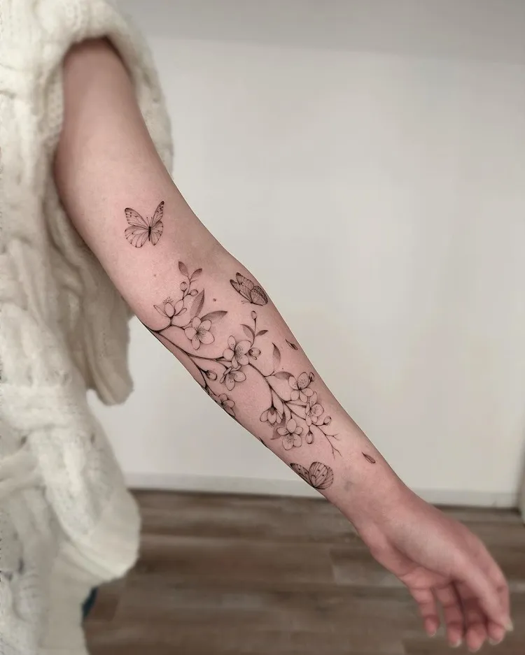 fine line cherry blossom tattoo butterflies minimalist single needle design