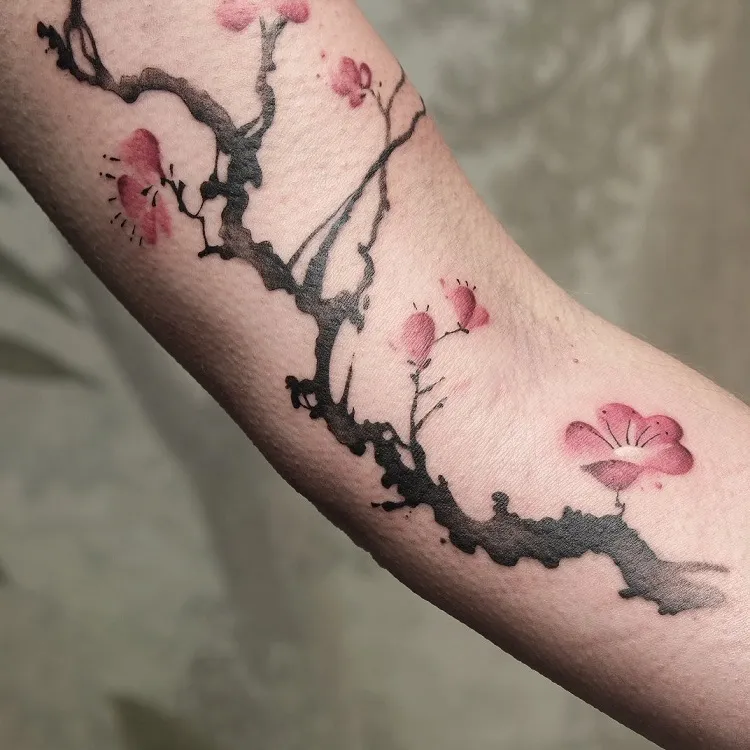 forearm cherry blossom tattoo traditional japanese style minimalist colorful realism