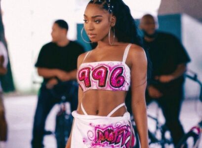 freaknik outfits normani airbrush painted white cropped top mini skirt 90s y2k fashion