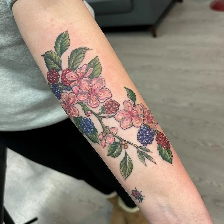 full color realism berries cherry blossom tattoo design ideas